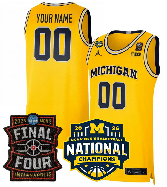 Men's Michigan Wolverines ACTIVE PLAYER Custom Yellow 2025/26 Final Four & National Champions Patch Stitched Basketball Jersey